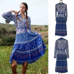 Vintage KAISER Blue Floral Print Boho Indian Hand‎ Stamped Dress